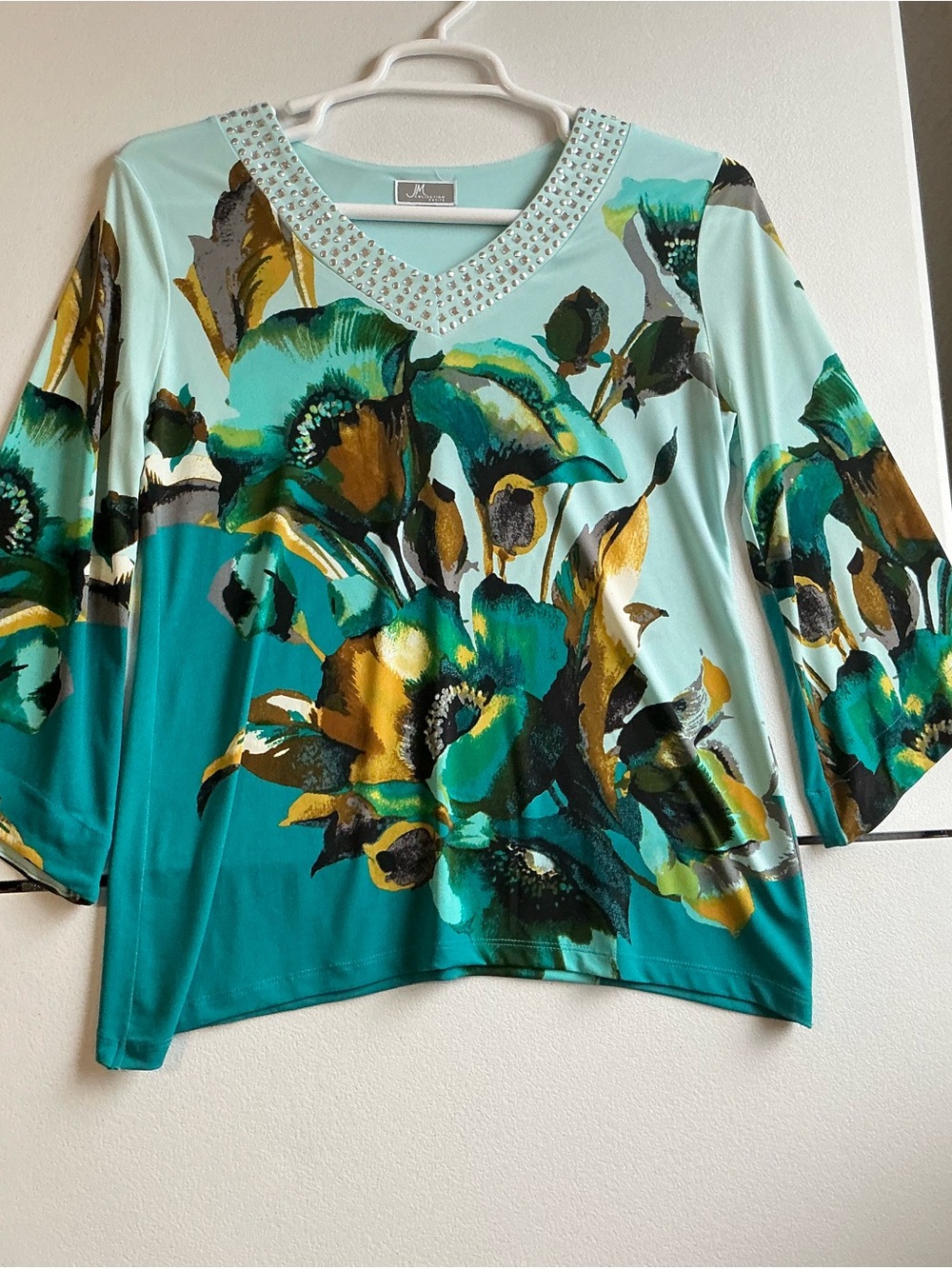 JM Collection Teal & Aqua Floral Embellished V-Neck Tunic